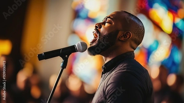 Fototapeta Gospel singer leading a choir in a church, passionately singing into a microphone, surrounded by uplifting stained-glass windows.