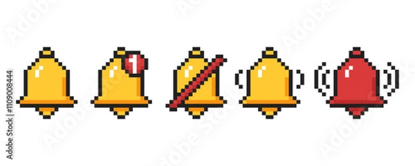 Fototapeta Bell icons in pixel art style. Notification icons for mobile interface, 8 bit bell for UI.