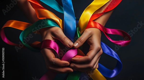 Fototapeta ribbon in rainbow color  flag color in male hand using how to celebrate  , Bold and colorful ribbon in woman hand patterns on a dark background
