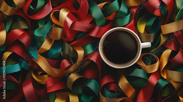 Obraz Latte cup and bow ties , Coffee cup with colorful ribbon , Simple coffee cup with ribbon , illustration , A cup with a traditional tasty with colorful modern ribbon 
