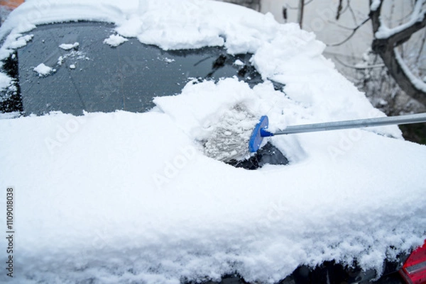 Obraz Snow covered car parked on street after snow storm. Side view of small vehicle or car snowed