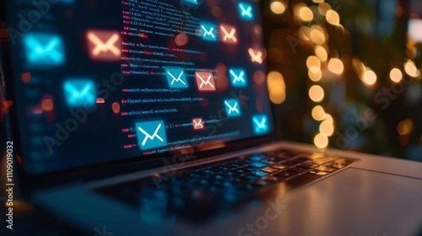Obraz A laptop screen displays colorful notifications with email icons and code, suggesting a tech-focused environment illuminated by ambient lights.