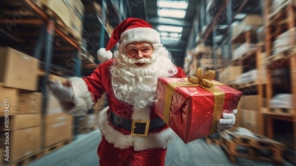 Fototapeta Happy Bearded Santa Claus Wearing a Red Suit Running in a Warehouse Surrounded by Stacked Boxes for Christmas Deliveries