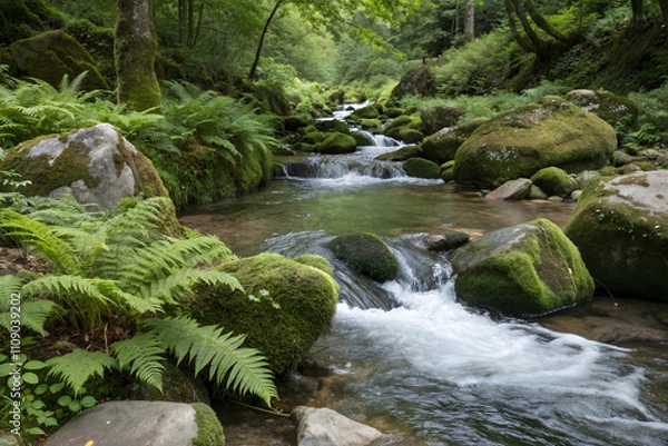 Fototapeta Pristine Mountain Stream with Mossy Rocks and Ferns