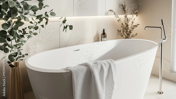 Obraz Modern freestanding bathtub with soft towels and greenery in a serene winter bathroom setting