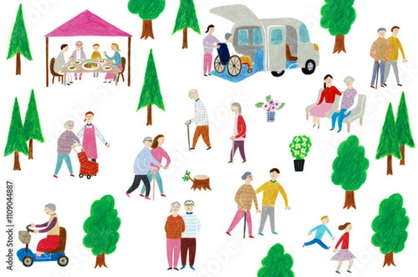 Fototapeta 手描きイラスト　老後と介護