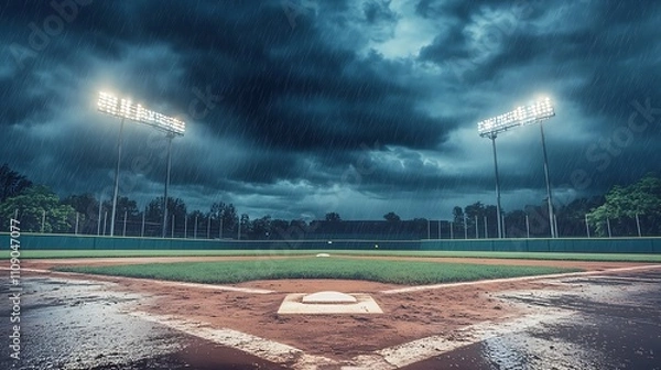 Obraz Rain delay. A baseball field under a stormy sky.