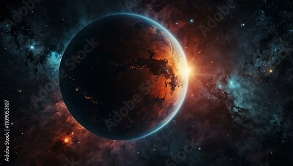 Fototapeta Unknown planet in outer space with stars and nebulas.