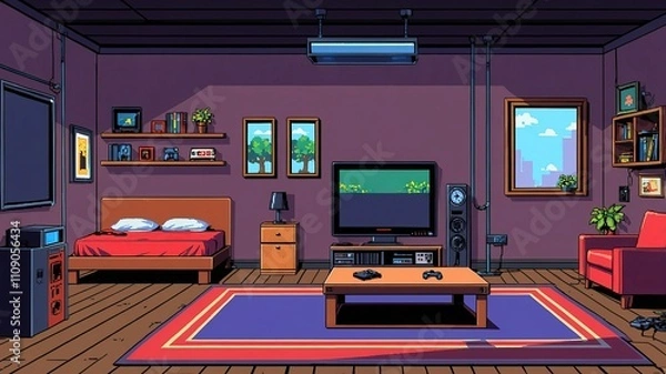 Fototapeta Pixel art game room, bedroom with video game consoles, background in retro style for 8 bit game,
