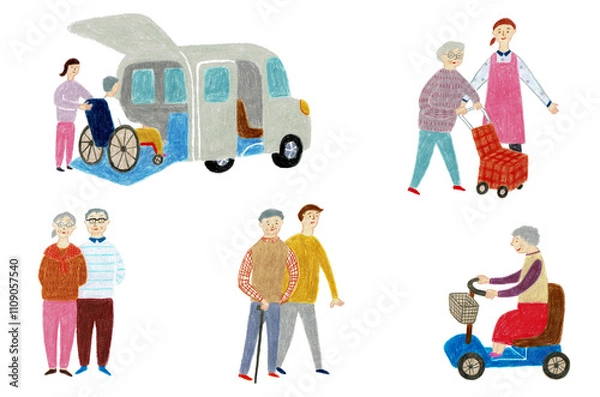 Fototapeta 手描きイラスト　老後と介護