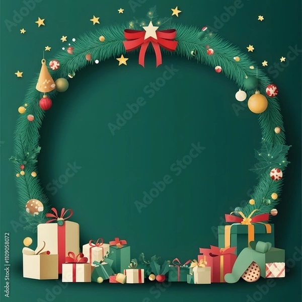 Obraz christmas card with christmas tree and gifts Green Christmas round frame background