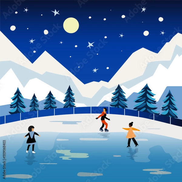 Fototapeta Children skate on a frozen lake. Landscape with frozen lake, mountains, forest, night sky and moon. vector hand drawn illustration.