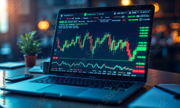 Fototapeta A laptop computer displaying a stock market graph