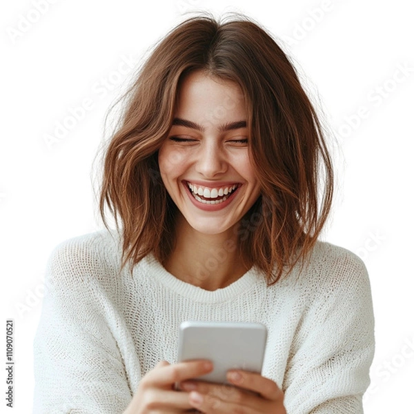 Obraz Young woman, joyfully typing on her smartphone, her eyes gleaming with happiness, on a transparent background