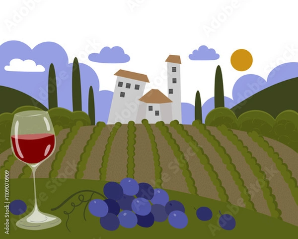 Fototapeta A glass of red wine against the backdrop of vineyards and a farm. Vector hand drawn illustration.