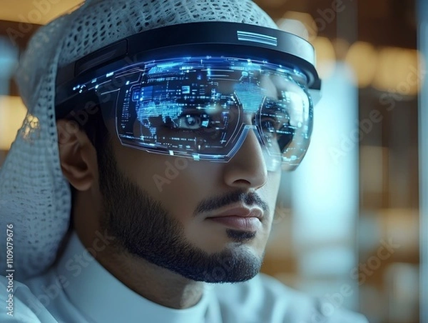 Obraz Showcase the innovation and vision of an Arabian businessman through his interaction with cutting edge technology