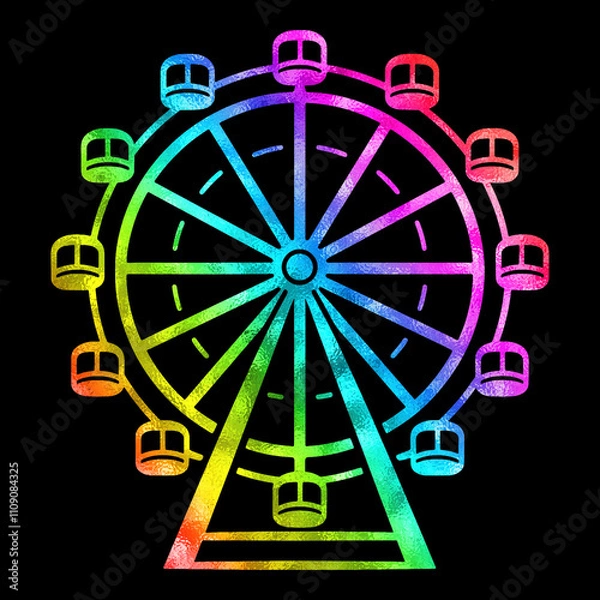 Obraz 観覧車の虹色グラデーションのシルエットイラスト　黒背景の切り抜き