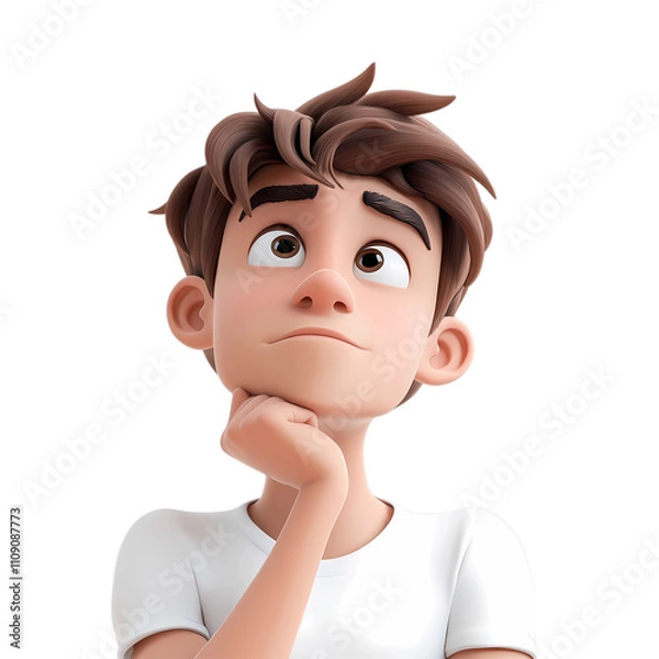 Obraz A 3D cartoon style young man with a thoughtful expression, resting his chin on his hand as he looks upwards, as if deep in thought. The white background keeps the focus on his questioning demeanor