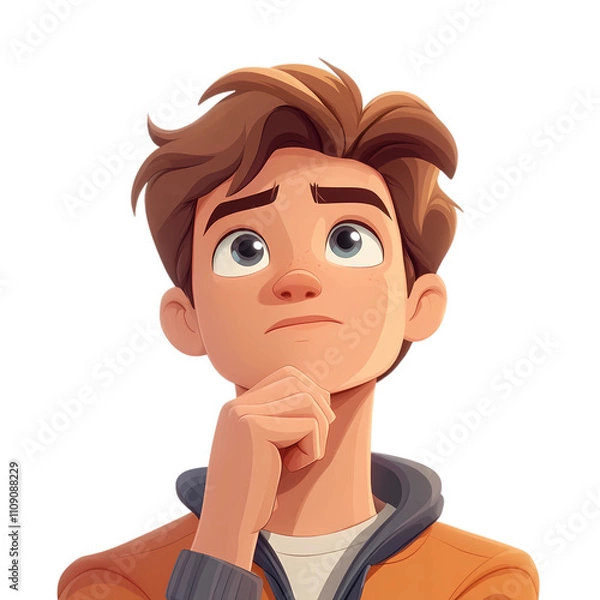 Obraz A 3D cartoon style young man with a thoughtful expression, resting his chin on his hand as he looks upwards, as if deep in thought. The white background keeps the focus on his questioning demeanor