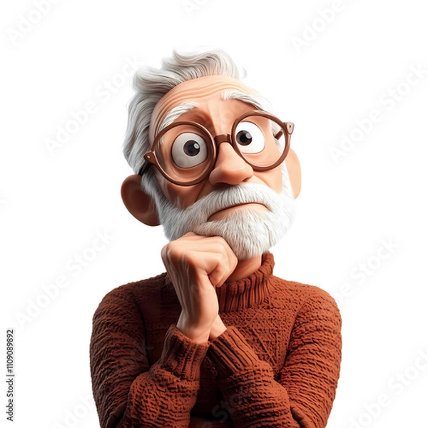 Obraz A 3D cartoon style old man with a thoughtful expression, resting his chin on his hand as he looks upwards, as if deep in thought. The transparent background keeps the focus on his questioning demeanor