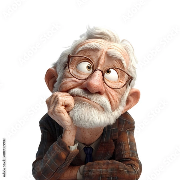 Obraz A 3D cartoon style old man with a thoughtful expression, resting his chin on his hand as he looks upwards, as if deep in thought. The transparent background keeps the focus on his questioning demeanor