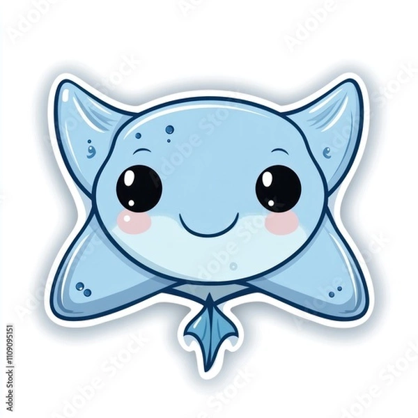 Fototapeta Cute cartoon stingray character, stylized illustration of a smiling, light-blue stingray with large eyes and soft features, sticker design.
