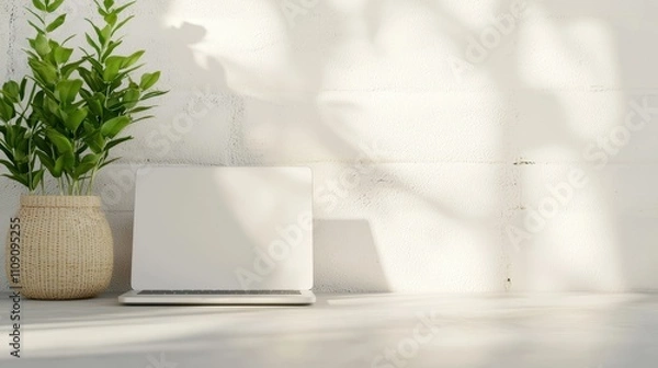 Fototapeta A minimalist workspace featuring a laptop and a lush green plant in a woven pot against a textured wall, Ideal for promoting productivity, home office design, or lifestyle content,