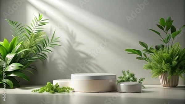 Fototapeta Minimalist Product Display with White Podium and Lush Greenery