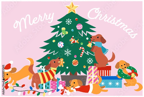 Obraz クリスマスを祝うダックスフンドたちのクリスマスカード