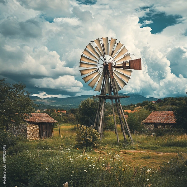 Obraz conceptual image windmill fan generate electricity in a small village generated by AI