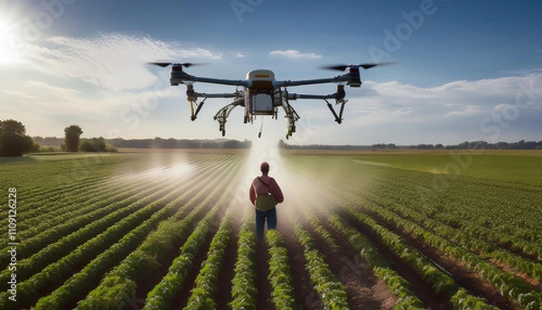 Fototapeta Agricultural Drone Spraying Crops in a Field as Farmer Monitors, Revolutionizing Modern Farming Practices