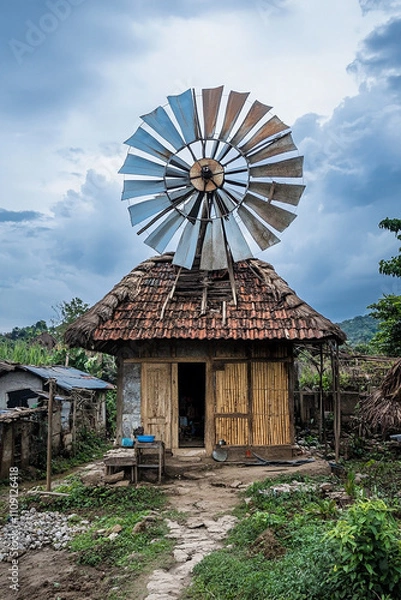 Obraz conceptual image windmill fan generate electricity in a small village generated by AI