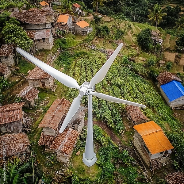 Obraz conceptual image windmill fan generate electricity in a small village generated by AI
