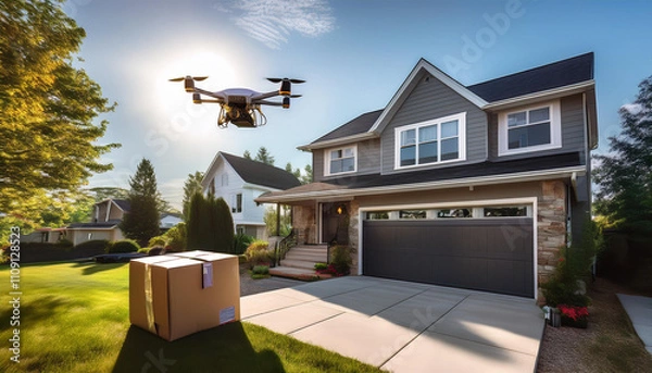 Fototapeta Drone Delivering a Large Box to Suburban Driveway, Smart Package Delivery