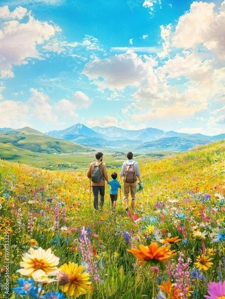 Obraz Nomadic family trekking through a meadow with wildflowers, peaceful vibe, 3D illustration