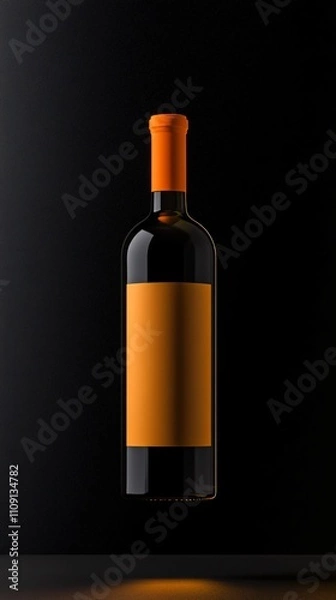 Fototapeta Olive colored wine bottle with blank label suspended against a dark backdrop