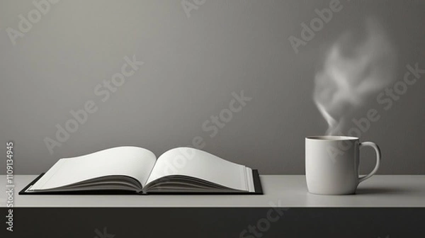 Fototapeta Open notebook and steaming coffee mug on a minimal desk during a quiet morning