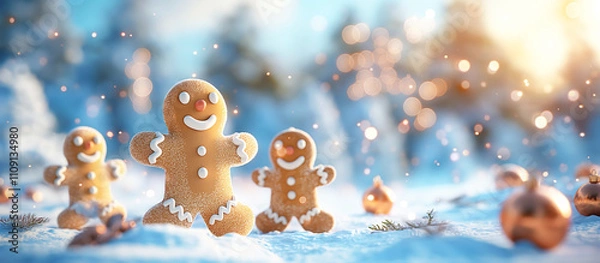 Obraz Playful gingerbread man enjoying the snow with festive gifts
