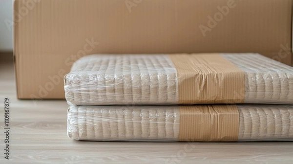 Fototapeta Close-up of two rolled mattresses wrapped in plastic and secured with cardboard, placed on a wooden floor near a box.