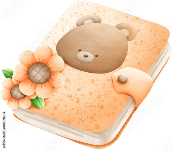 Obraz Orange notebook with brown bear and sunflower pattern