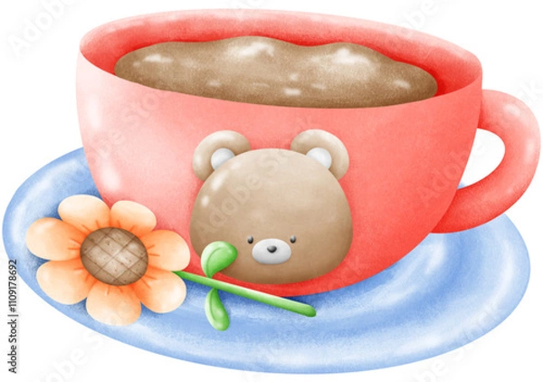 Obraz Brown bear coffee cup on a coaster with sunflowers