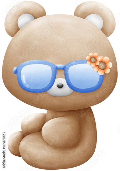Obraz Brown bear wearing blue sunglasses with sunflower pattern
