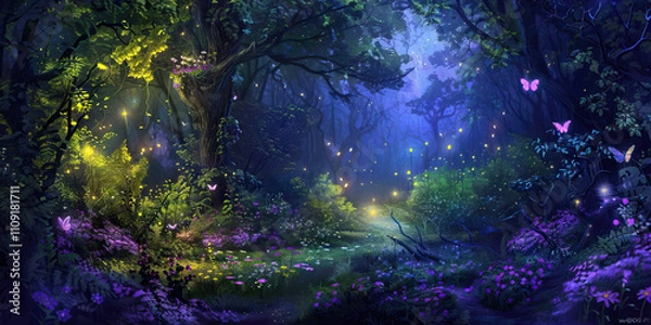 Fototapeta Enchanted Forest: Deep forest green, mystical purple, and fairy wing blue create an enchanted forest theme