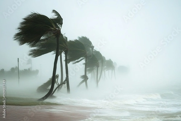 Fototapeta Palm trees sway in strong winds and mist, signaling a stormy weather.