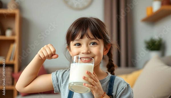 Fototapeta Happy, health and milk by girl strong bone pose in living room, drinking milk for wellness, teeth and child development. Portrait, face and happy, proud and empowered child happy with breakfast drin