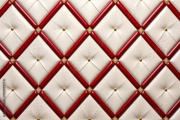 Fototapeta Elegant white seamless 3d soft geometric squares shape with red leather upholstery and rhombus pattern. Ideal for backgrounds, interior design, or luxury-themed projects.