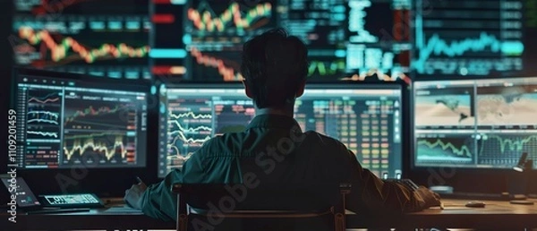 Obraz Cryptocurrency and Stock Market Trading Desk: A Detailed Visual for Financial Professionals