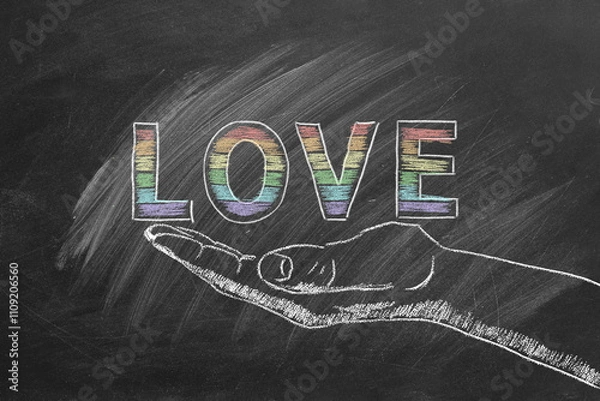 Fototapeta A chalkboard design features the word LOVE in rainbow letters, resting delicately on a sketched hand. LGBT, LGBTQIA rights and gender equality concept. Pride month. Declaration of love