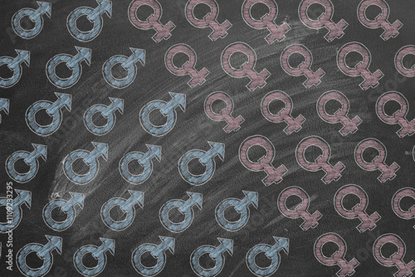 Fototapeta A chalkboard is decorated with repeated gender symbols in pink and blue. The pattern alternates male and female signs, emphasizing equality and gender representation