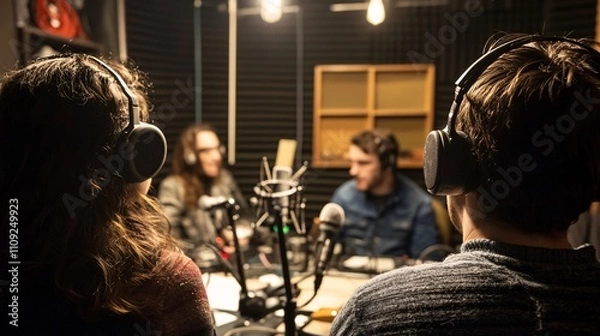 Obraz Group of People Engaged in Conversation in Podcast Studio